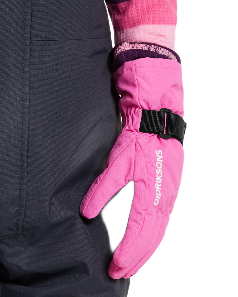 Sweet Pink coloured Didriksons Childrens Biggles Gloves on white background