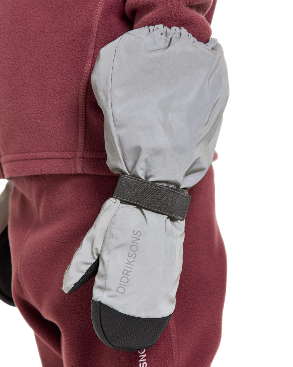 Silver coloured Didriksons Childrens Biggles Reflection Mittens on white background
