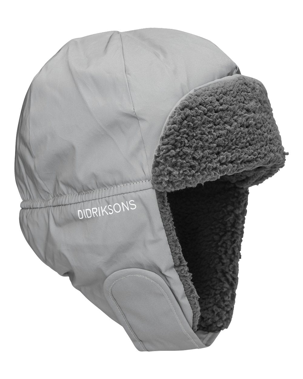 Silver coloured Didriksons Childrens Biggles Reflective Cap on white background
