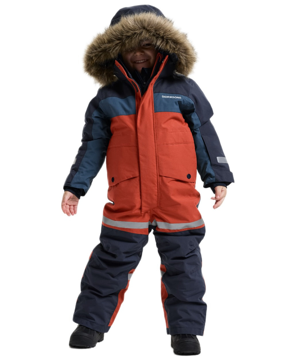 Rust coloured Didriksons Childrens Bjarven Coverall 5 on white background