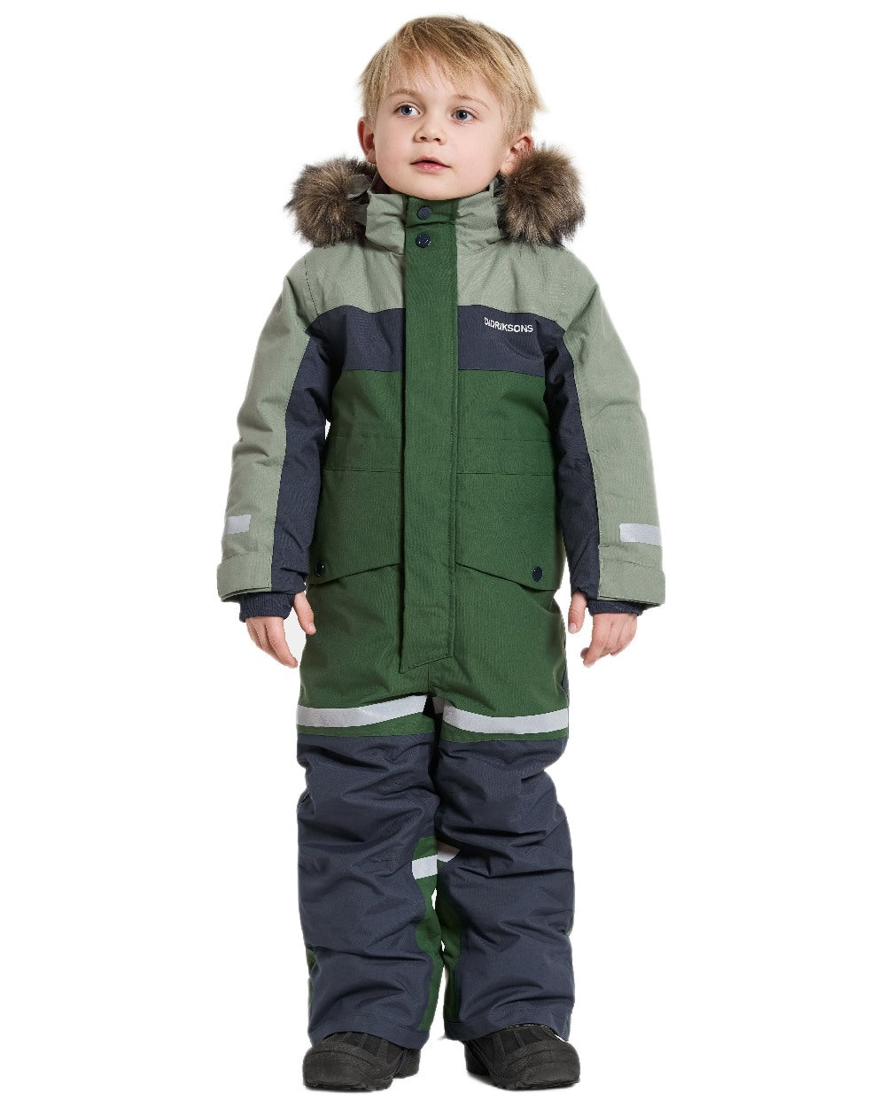 Light Moss Coloured Didriksons Childrens Bjärven Coveralls on white background