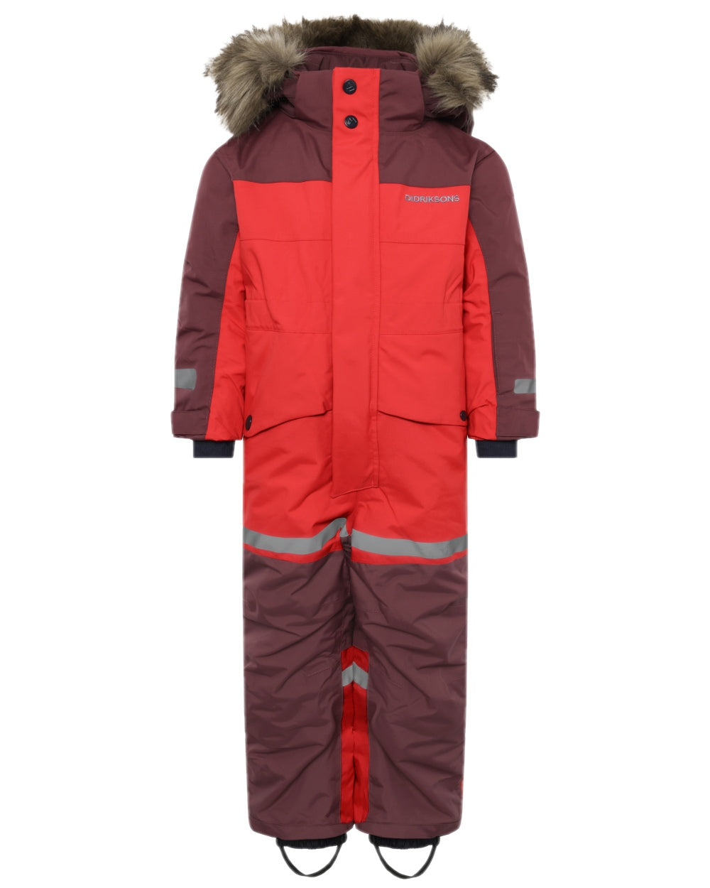 Pomme Red Coloured Didriksons Childrens Bjärven Coveralls on white background