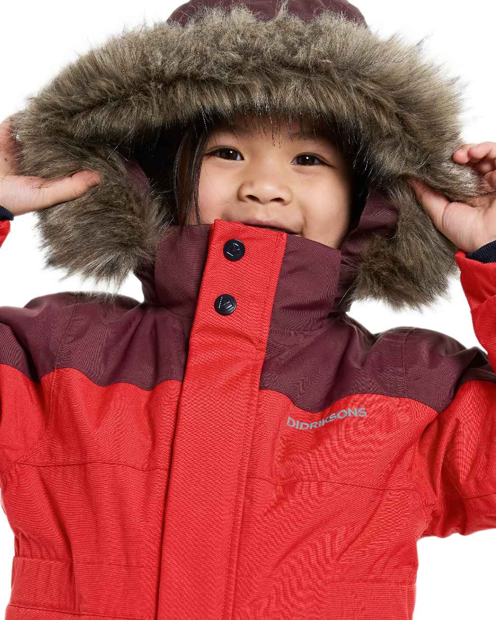 Pomme Red Coloured Didriksons Childrens Bjärven Coveralls on white background