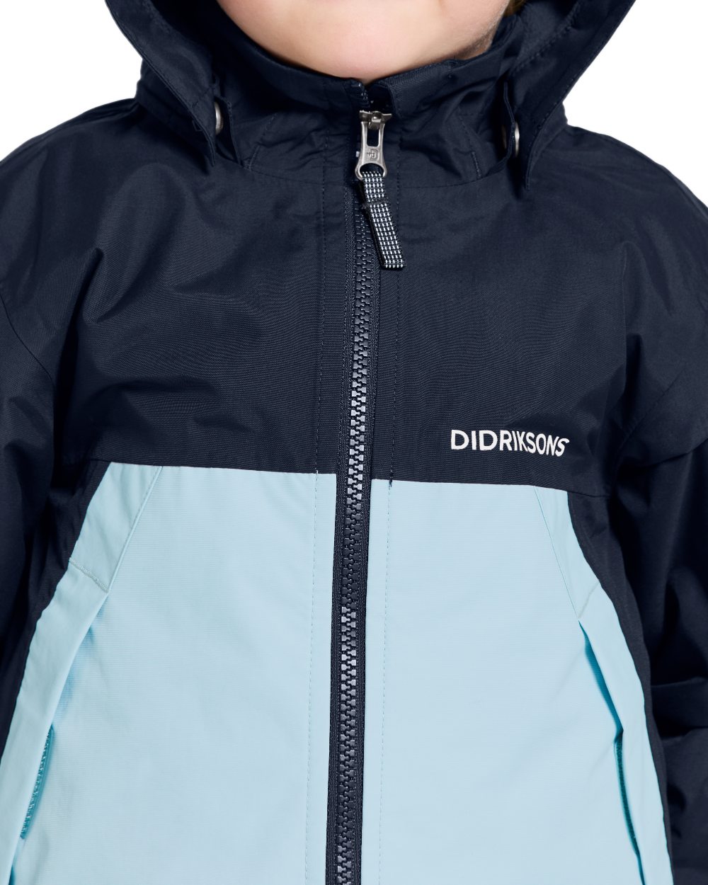 Navy coloured Didriksons Childrens Bladet Jacket on white background