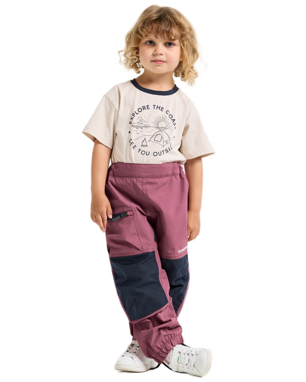 Heather Pink coloured Didriksons Childrens Dusk Pants on white background