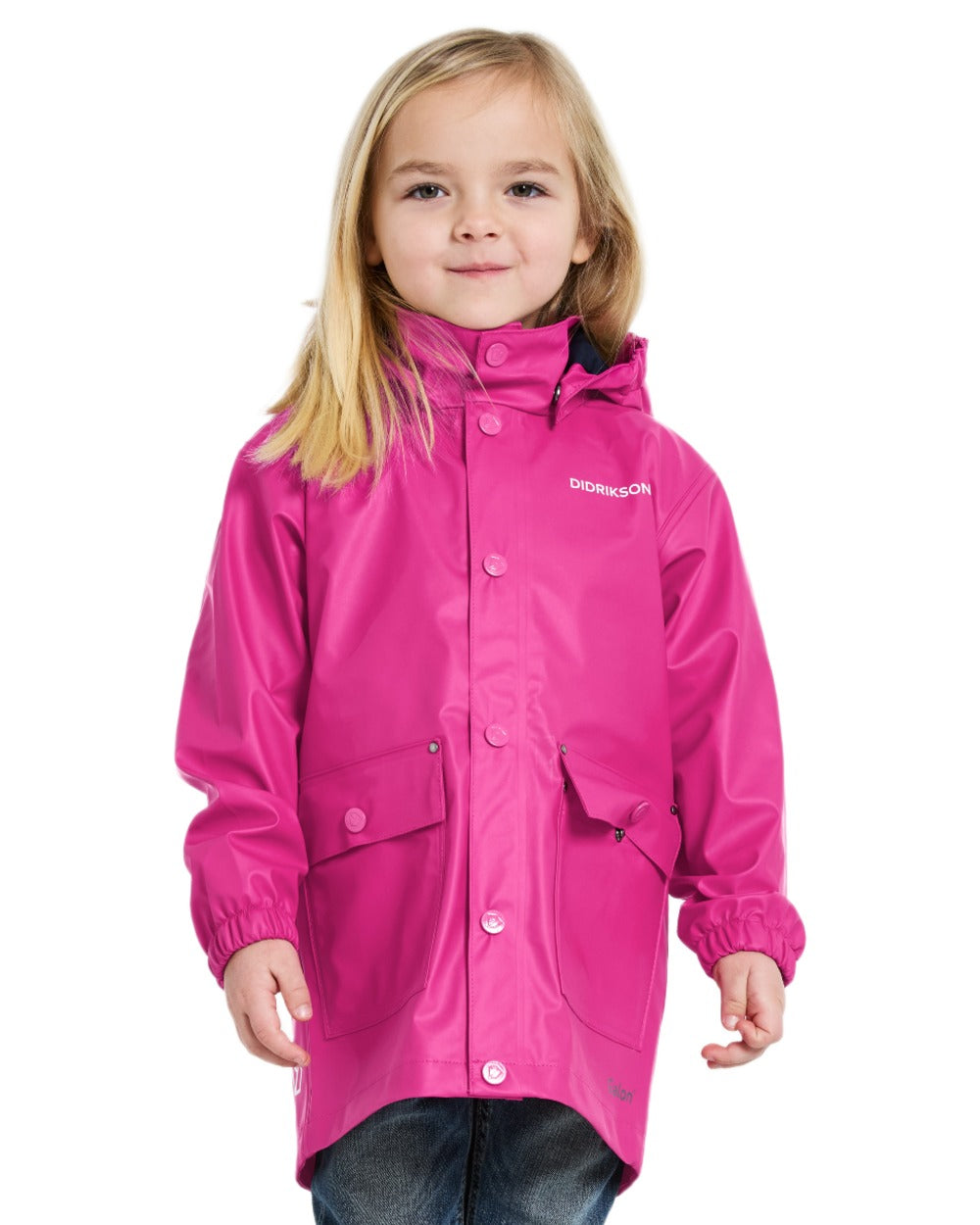Plastic Pink coloured Didriksons Childrens Jojo Jacket on white background