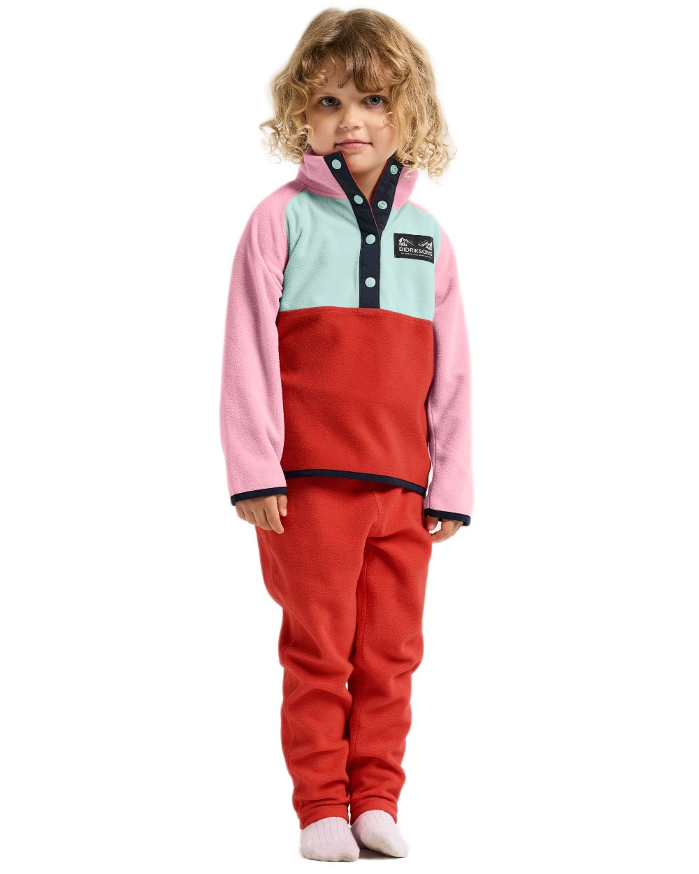 Light Heather Pink coloured Didriksons Childrens Monte Half Button Fleece 5 on white background