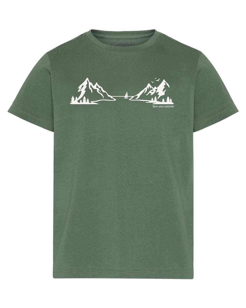 Dark Moss coloured Didriksons Childrens Mynta Explore Logo T-Shirt on white background