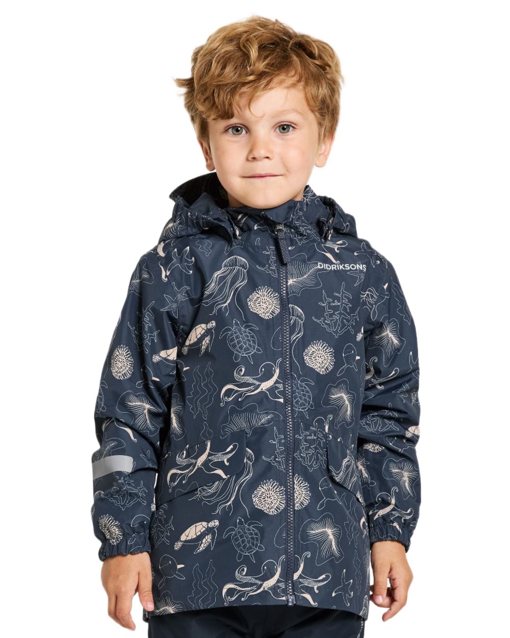 Ocean Navy coloured Didriksons Childrens Norma Printed Jacket on white background