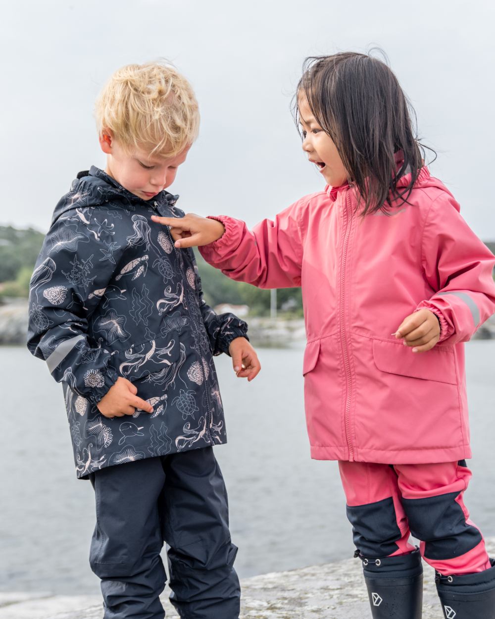 Ocean Navy coloured Didriksons Childrens Norma Printed Jacket on sea background