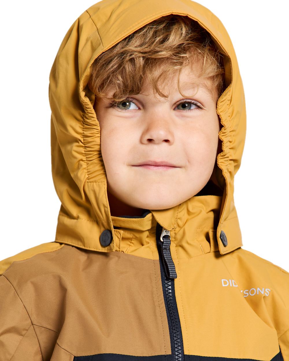 Dark Pollen coloured Didriksons Childrens Pilvi Jacket on white background