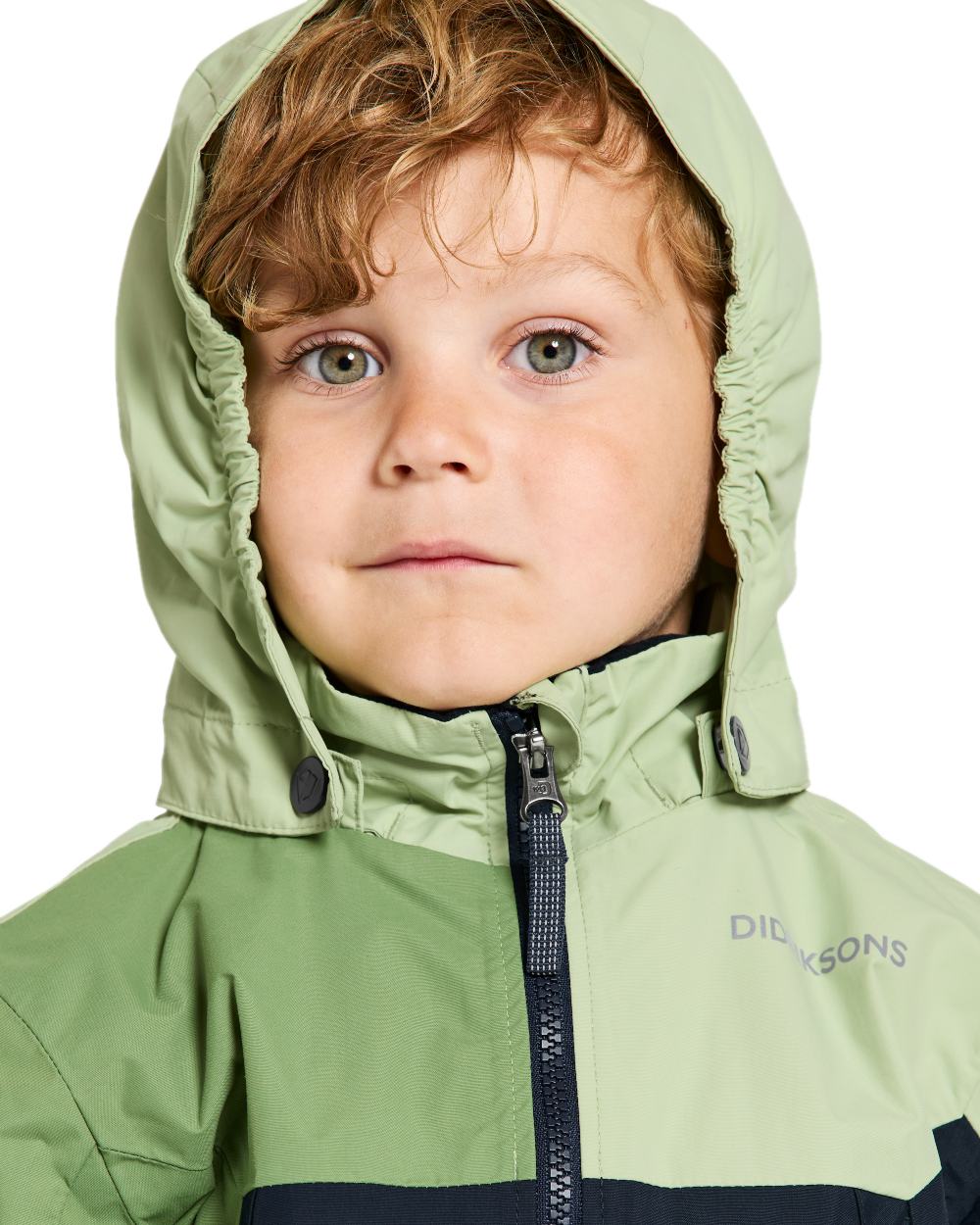 Light Algae Green coloured Didriksons Childrens Pilvi Jacket on white background