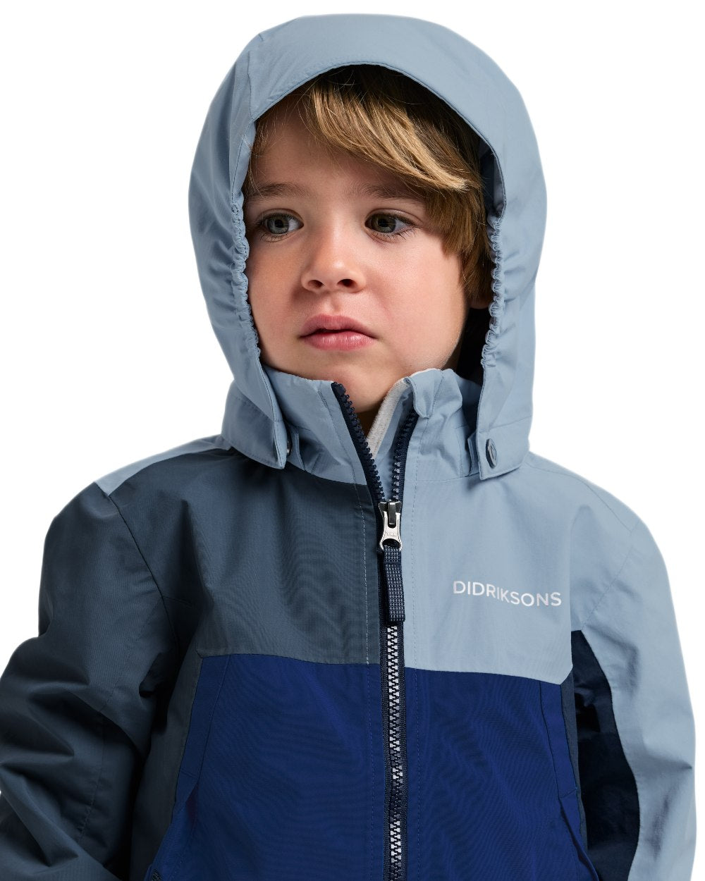 Blue Fog coloured Didriksons Childrens Pilvi Waterproof Jacket on white background