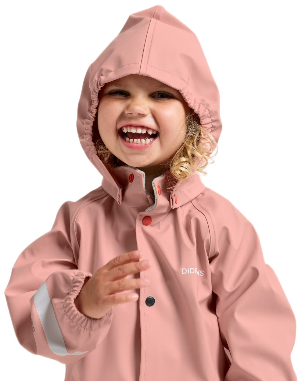 Powder Peach coloured Didriksons Childrens Slaskeman Rain Set 2 on white background