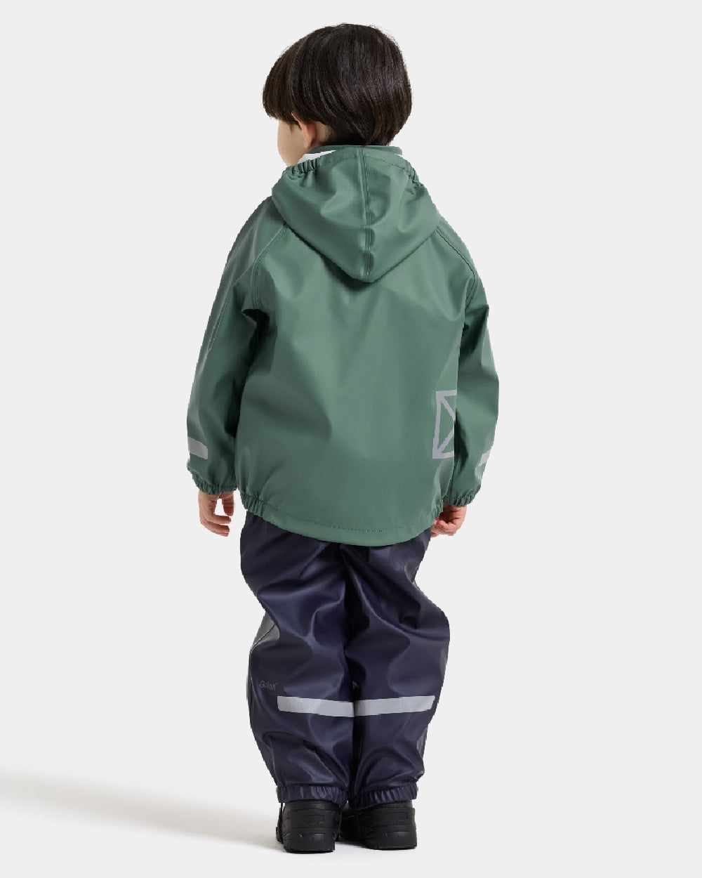 Dark Moss coloured Didriksons Childrens Slaskeman Rain Set 4 on grey background