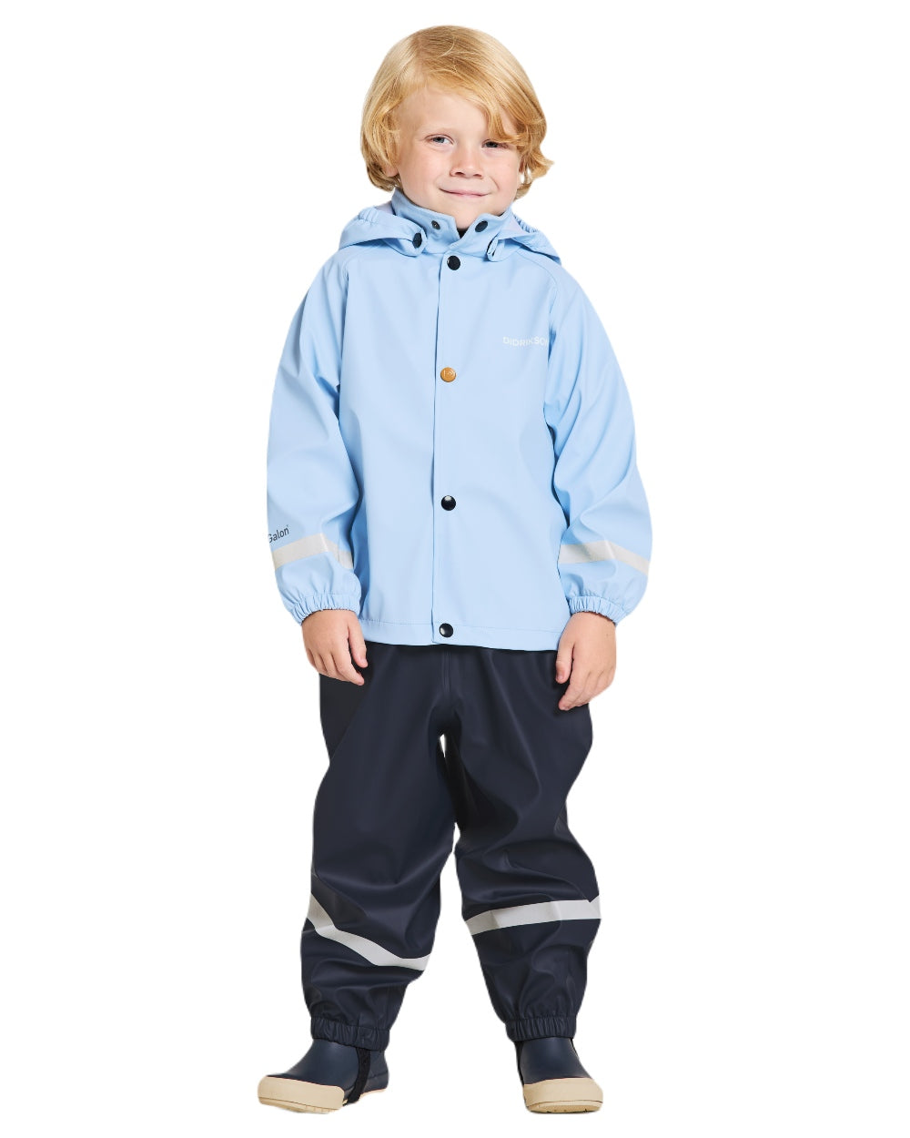 Light Sea Blue coloured Didriksons Childrens Slaskeman Rain Set on white background