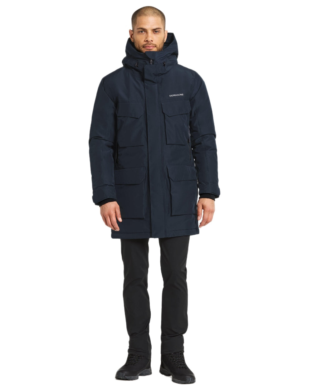 Dark Night Blue Coloured Didriksons Drew Parka on white background