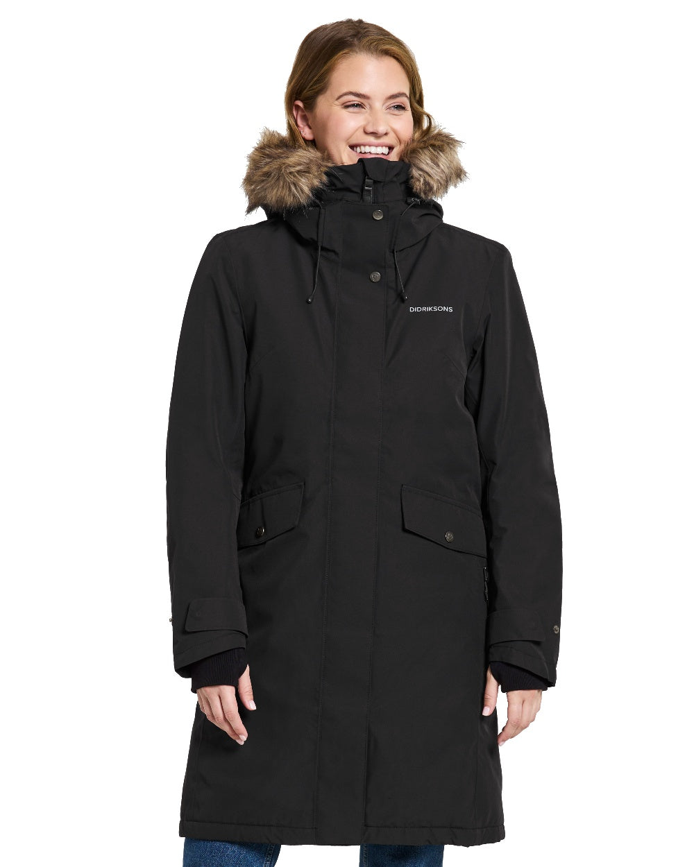 Black Coloured Didriksons Erika Ladies Padded Waterproof Parka 3 On A White Background