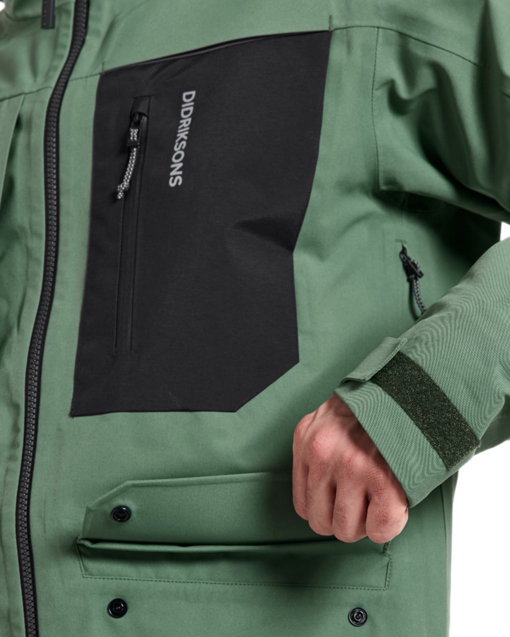 Dark Moss coloured Didriksons Fractus Waterproof Jacket on white background