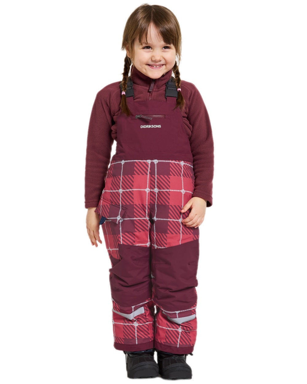 Termos Rusty Wine Coloured Didriksons Kids Polarbjörn Printed Bib Pants on white background