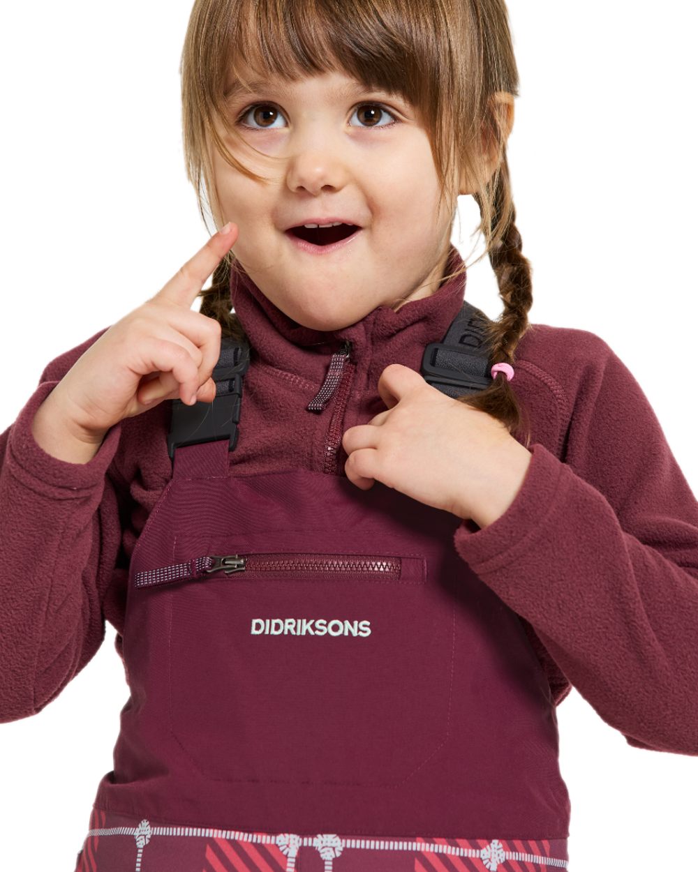 Termos Rusty Wine Coloured Didriksons Kids Polarbjörn Printed Bib Pants on white background
