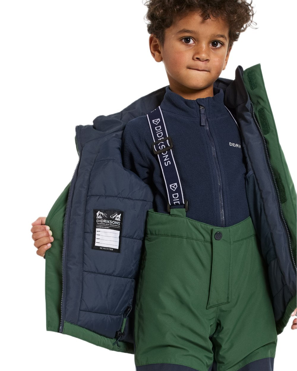 Pine Green Coloured Didriksons Kids Skare Set on white background