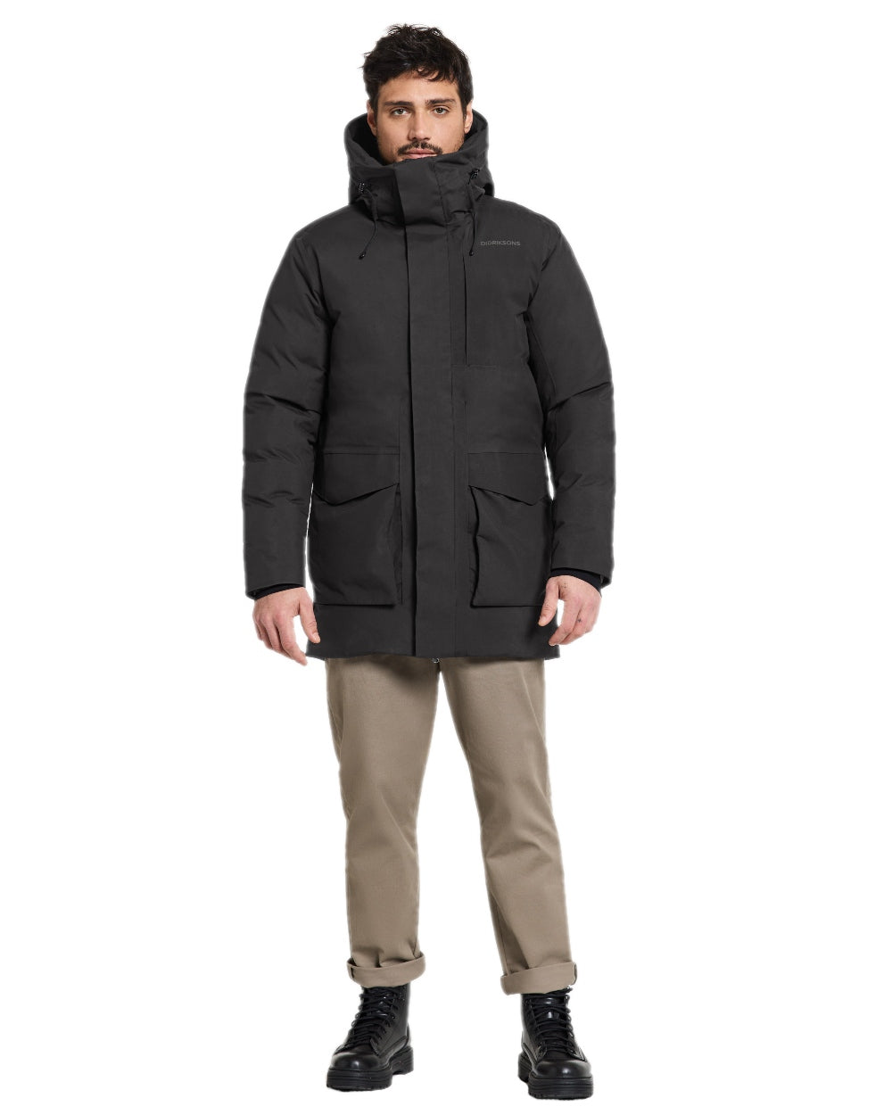 Black Coloured Didriksons Mens Akilles Parka on white background