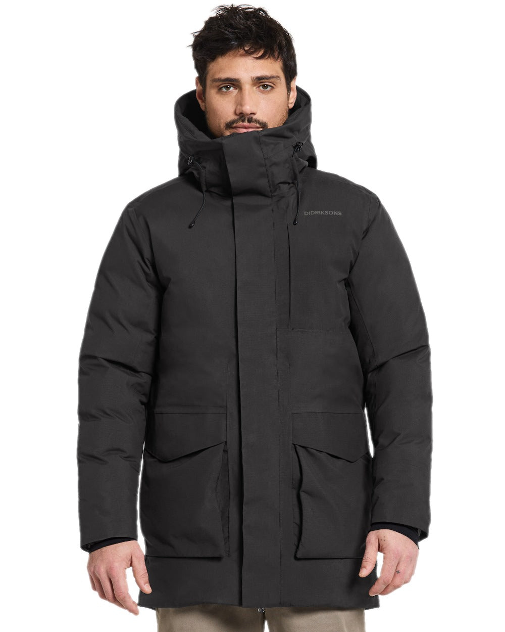 Black Coloured Didriksons Mens Akilles Parka on white background