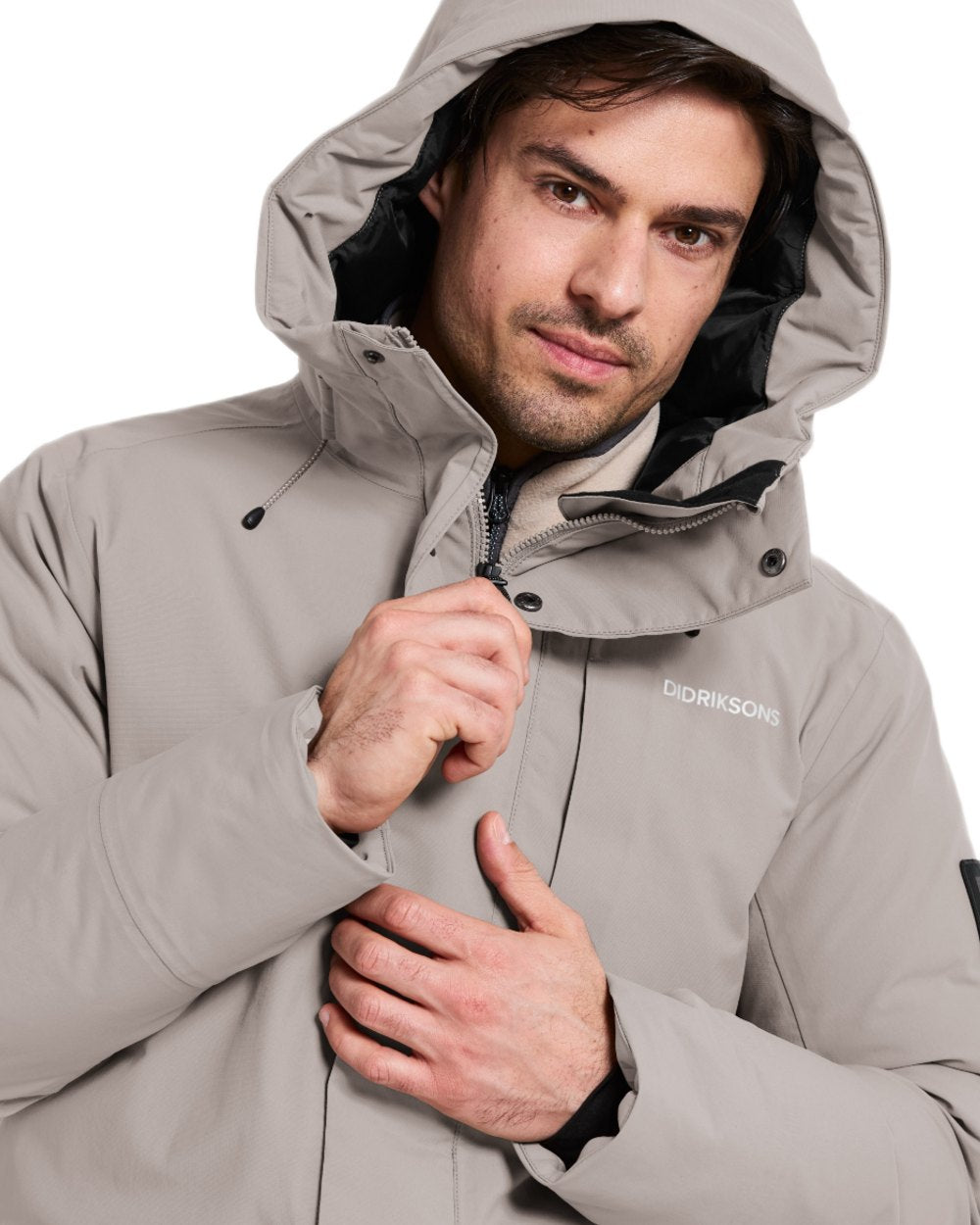 Ash Brown coloured Didriksons Mens Akilles Parka II on white background