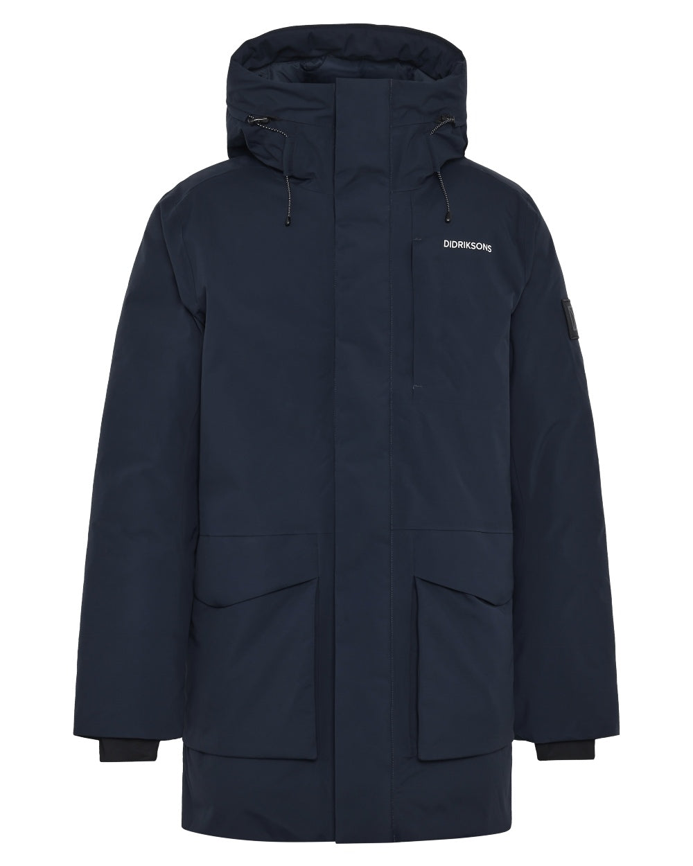 Dark Night Blue coloured Didriksons Mens Akilles Parka II on white background