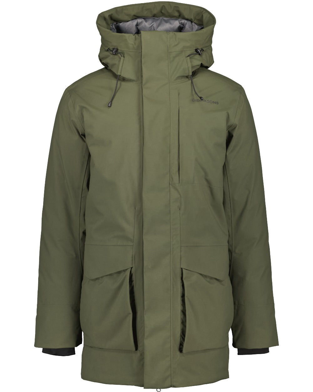 Deep Green Coloured Didriksons Mens Akilles Parka on white background