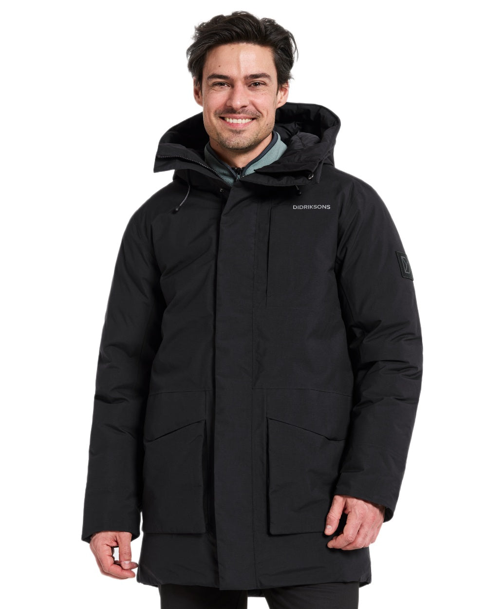 Black coloured Didriksons Mens Akilles Parka II on white background
