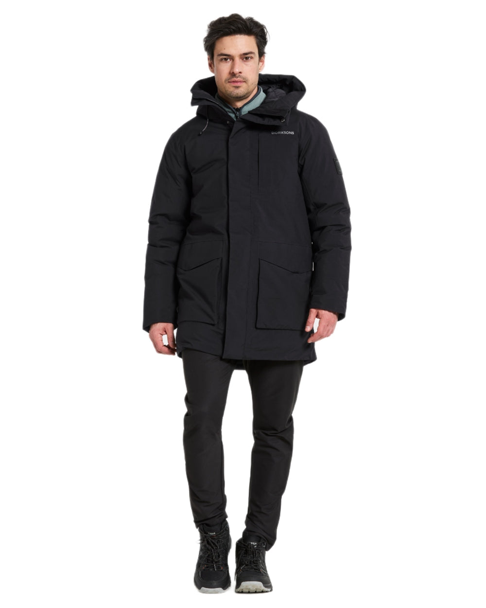 Black coloured Didriksons Mens Akilles Parka II on white background