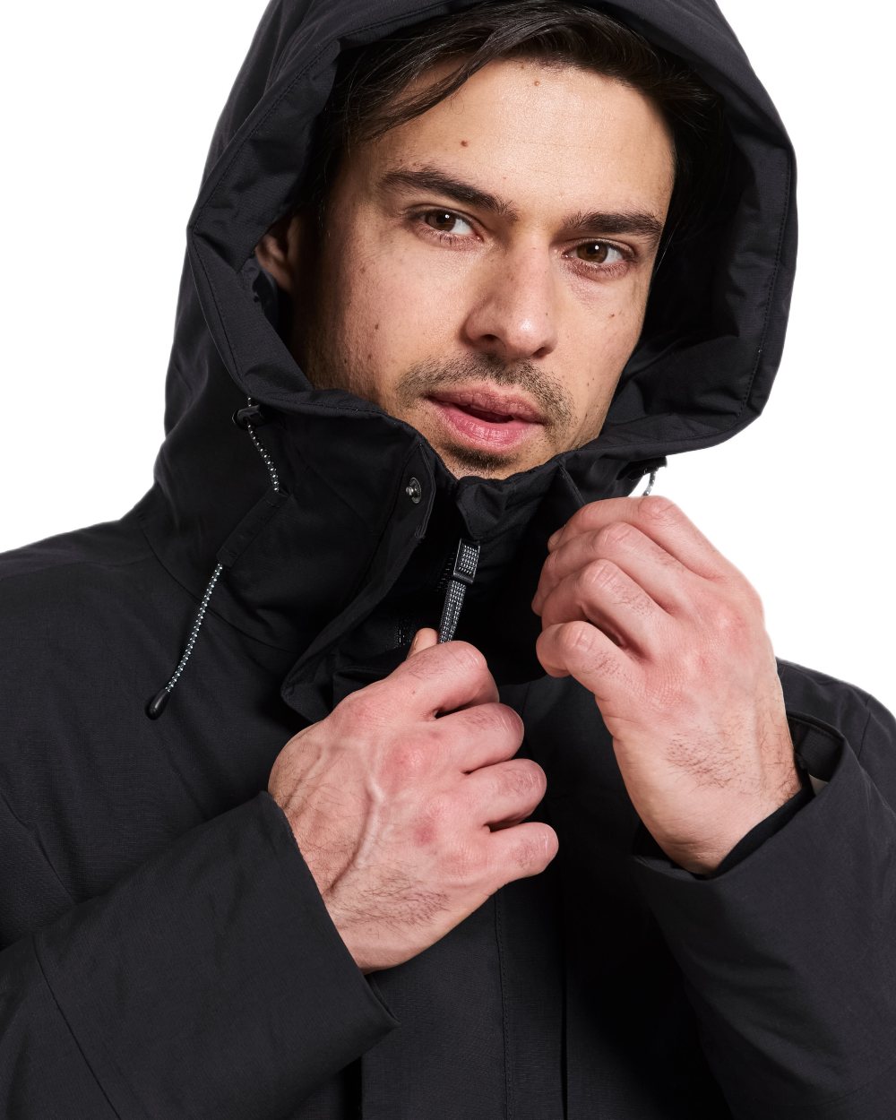 Black coloured Didriksons Mens Akilles Parka II on white background