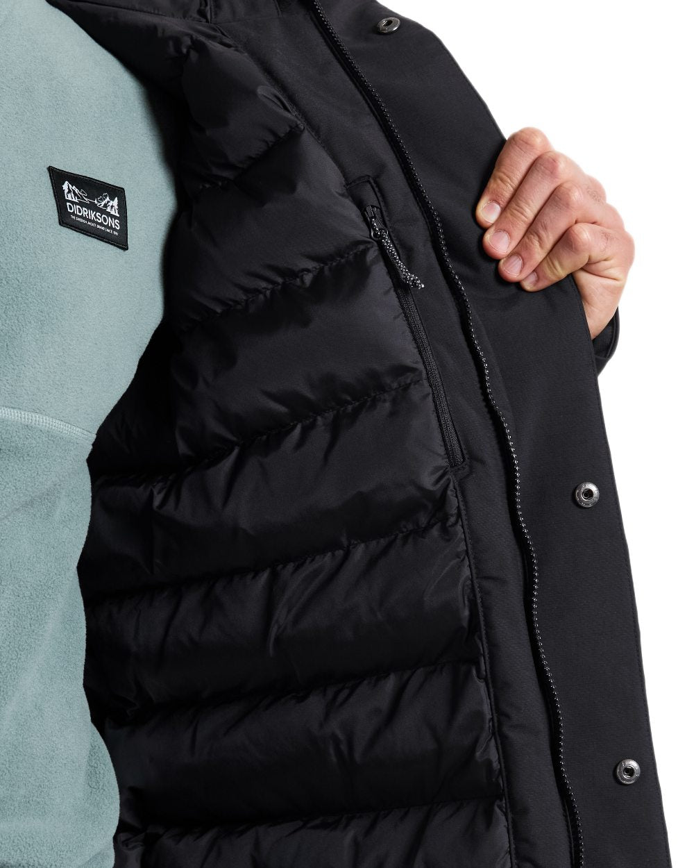 Black coloured Didriksons Mens Akilles Parka II on white background