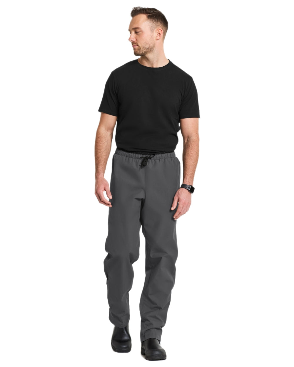 Coal Black coloured Didriksons Mens Grit Rain Pants on white background