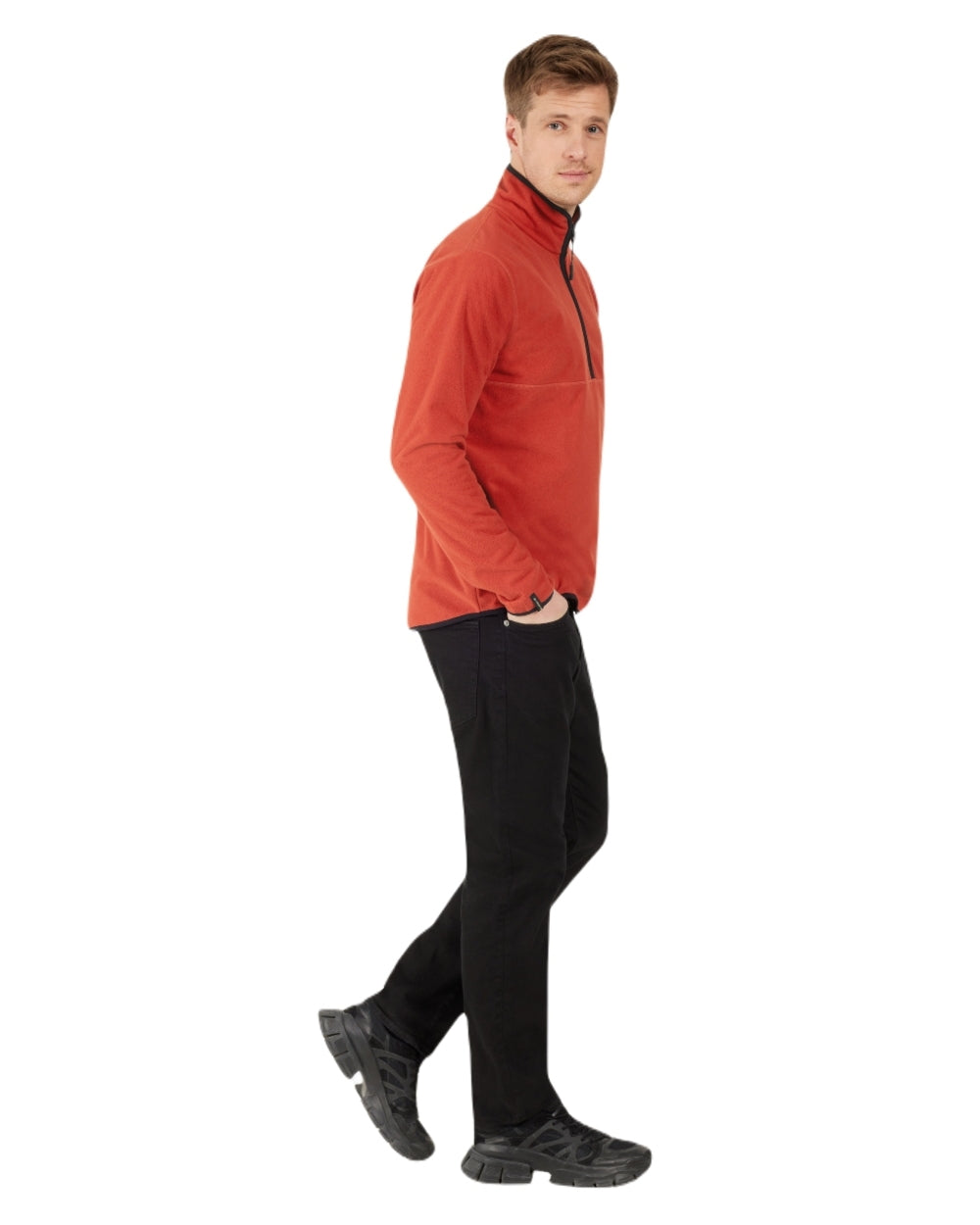 Ochre Red coloured Didriksons Mens Hannes Half Zip Sweater on white background