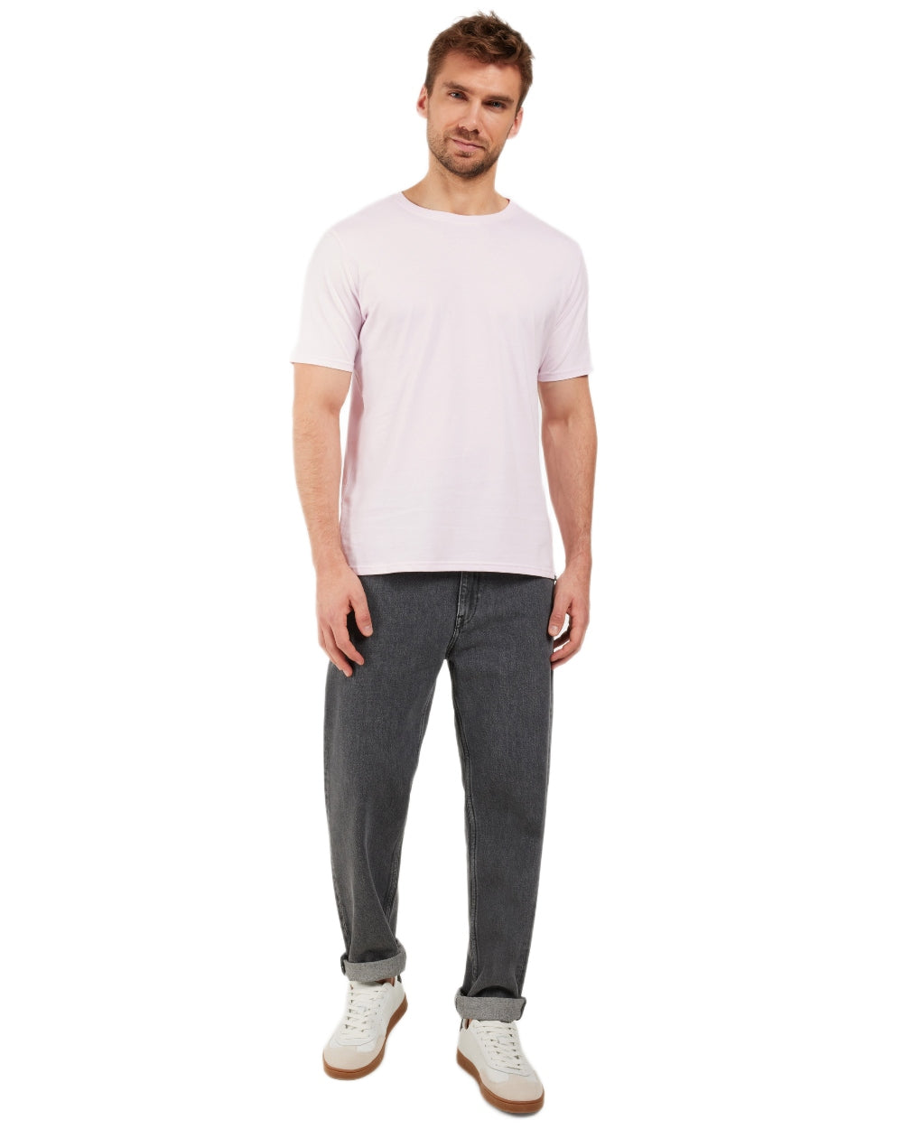Sky Pink coloured Didriksons Mens Harald T-Shirt on white background