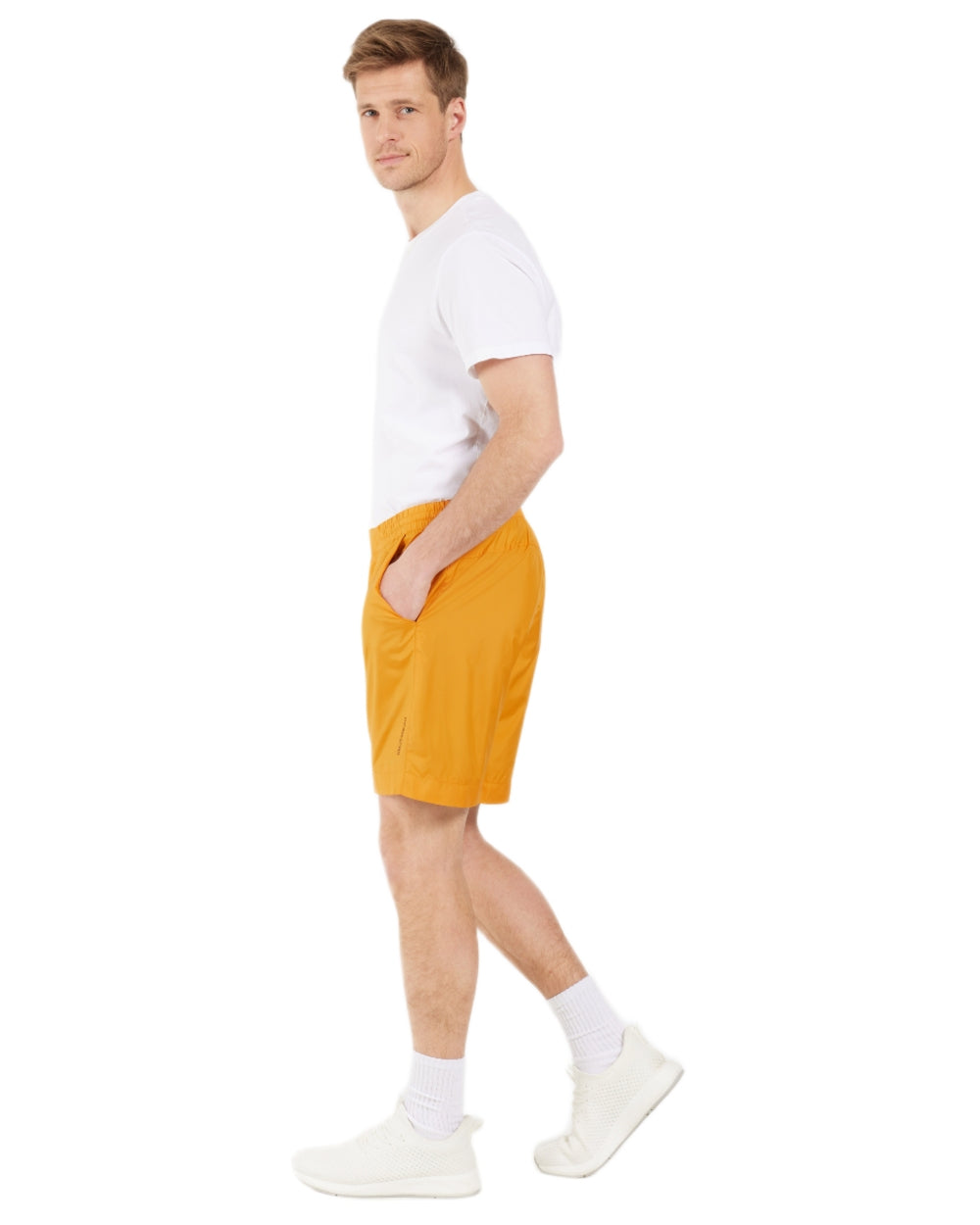 Sunny Mustard coloured Didriksons Mens Malte Shorts on white background