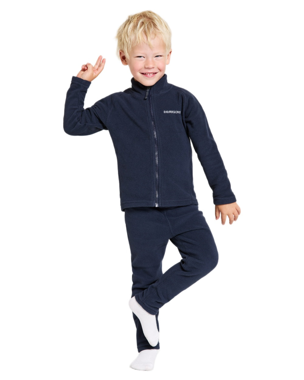 Navy coloured Didriksons Monte Kids Fullzip Fleece on white background
