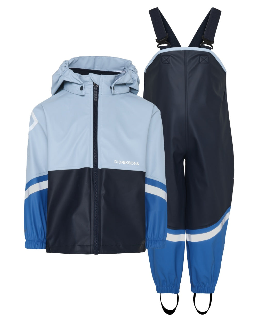 Navy coloured Didriksons Waterman Kids Rain Set on white background