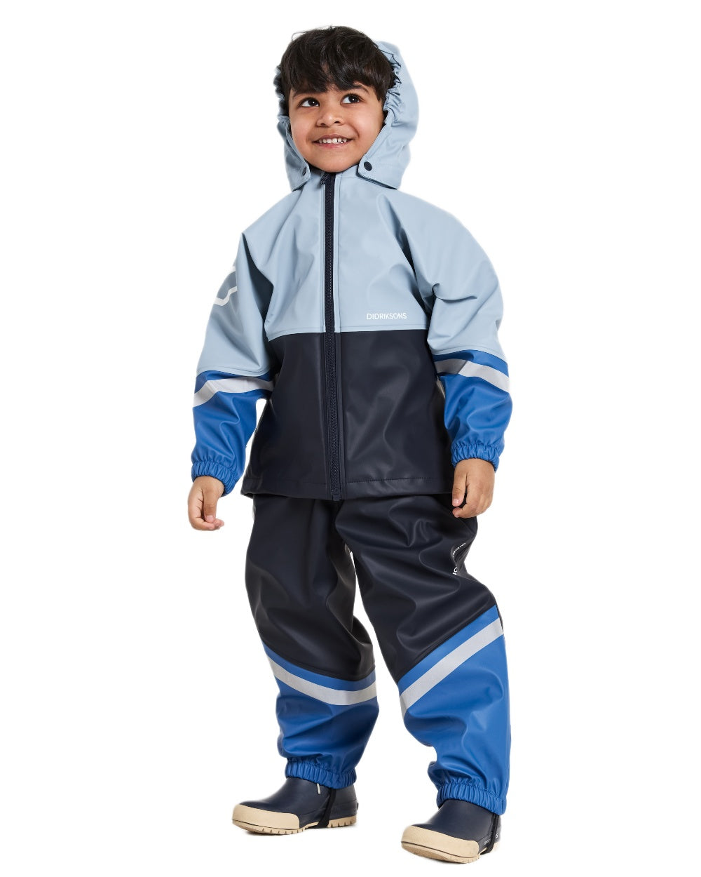 Navy coloured Didriksons Waterman Kids Rain Set on white background