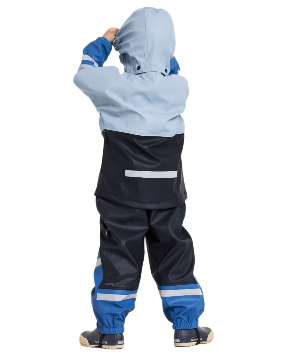 Navy coloured Didriksons Waterman Kids Rain Set on white background