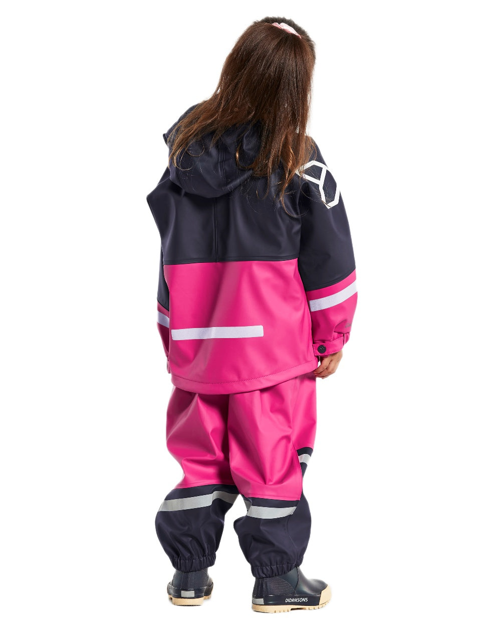 Plastic Pink coloured Didriksons Waterman Kids Rain Set on white background