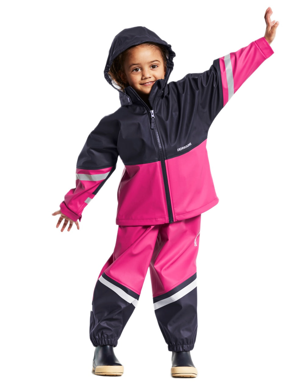 Plastic Pink coloured Didriksons Waterman Kids Rain Set on white background