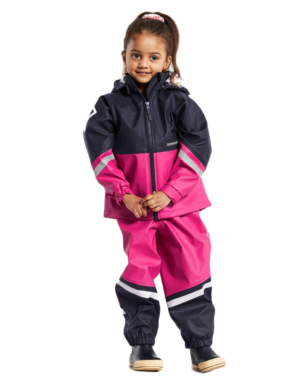 Plastic Pink coloured Didriksons Waterman Kids Rain Set on white background