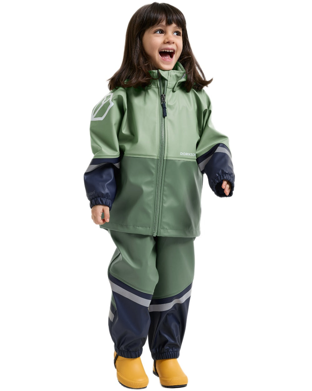 Sage Green coloured Didriksons Waterman Kids Rain Set on white background