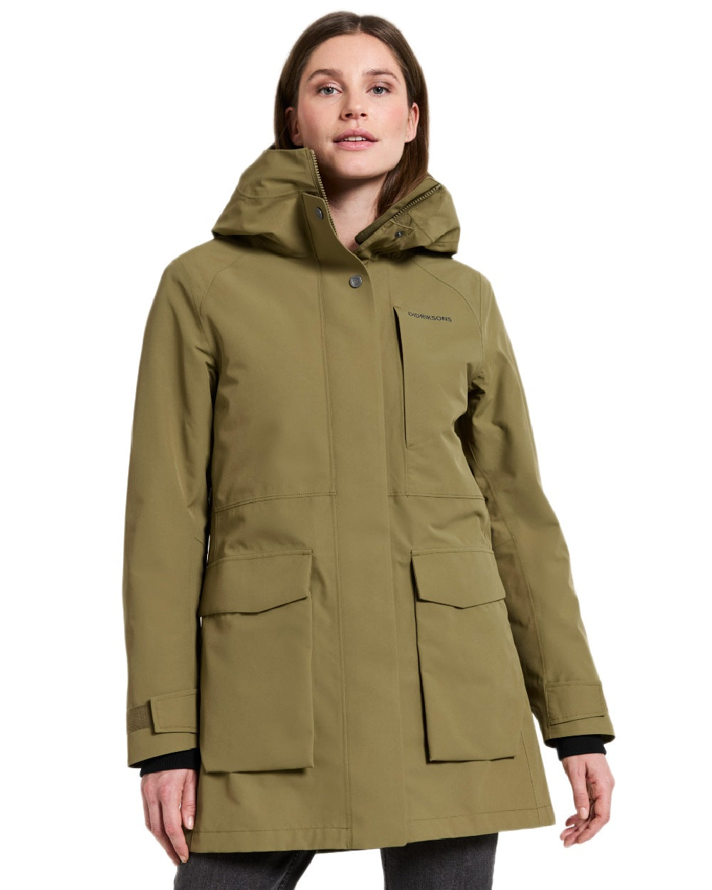 Olive Green Coloured Didriksons Womens Harriet Parka on white background