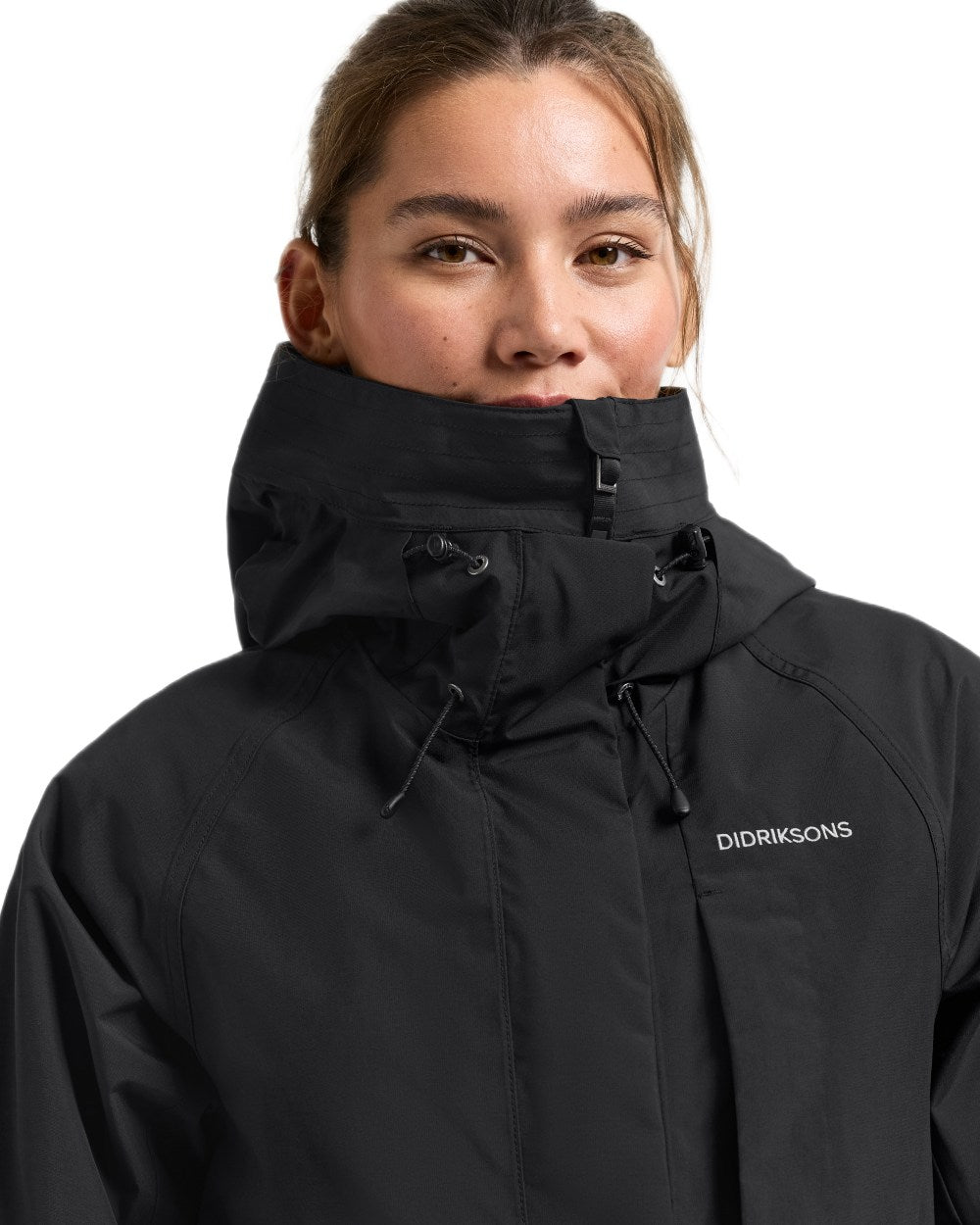 Black coloured Didriksons Womens Louise Long Parka on white background