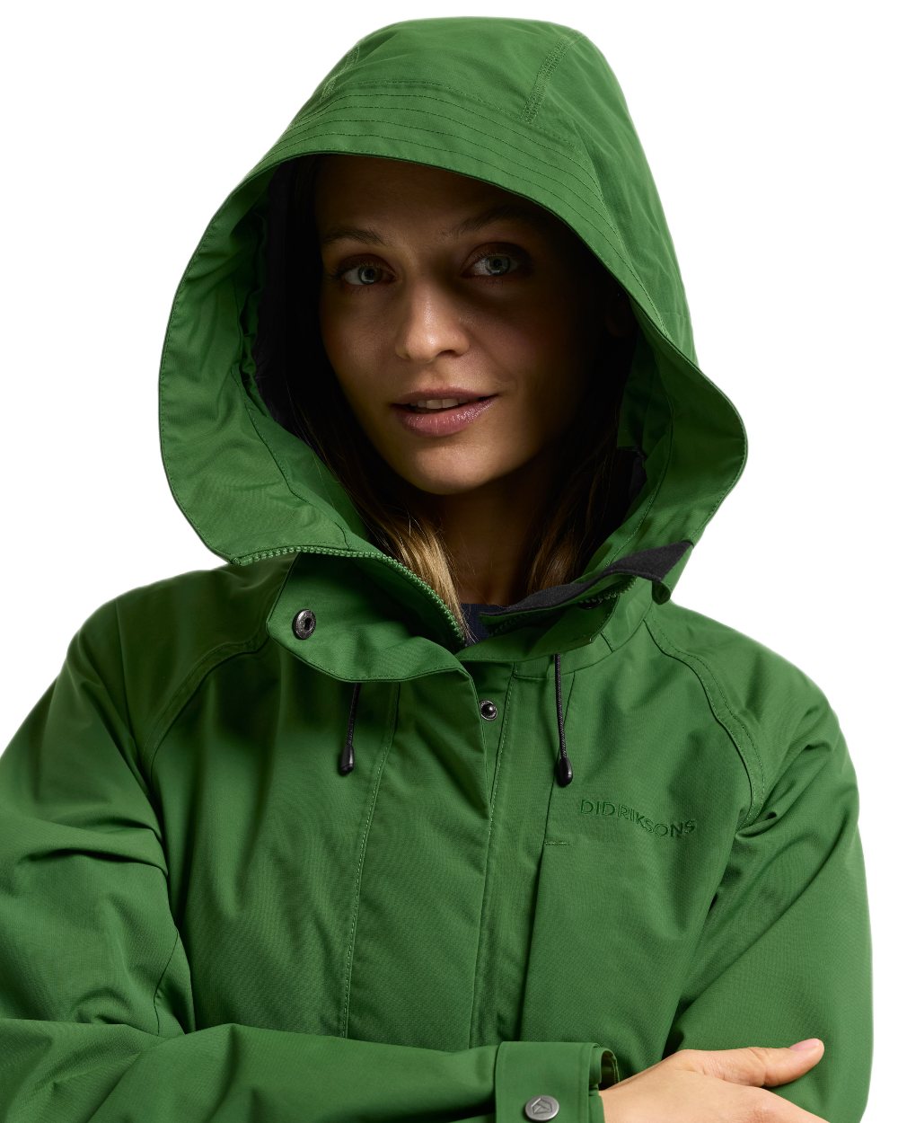 Velvet Green coloured Didriksons Womens Louise Long Parka on white background